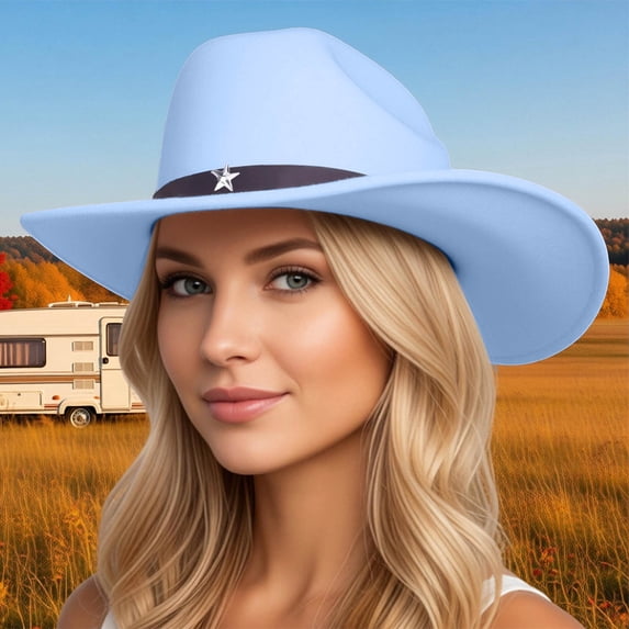 Western Style Unisex Adult Cowboy Hat With Star Riding Accessory For Casual Daily Wear, Sky Blue