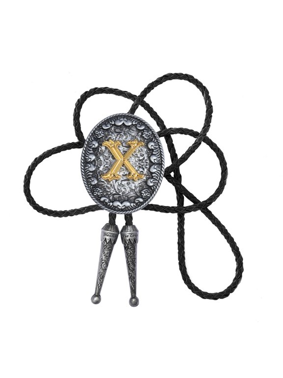 Western Styles Leather Cord Bolotie with Metal Initial Letter Pendant Adjustable Necktie Shirt Collar Chain Necklace