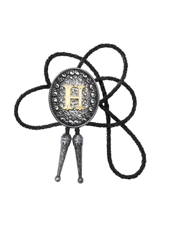 Western Styles Leather Cord Bolotie with Metal Initial Letter Pendant Adjustable Necktie Shirt Collar Chain Necklace