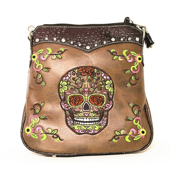 Western Sugar Skull Embroidered Rhinestone Cross Crossbody Bag