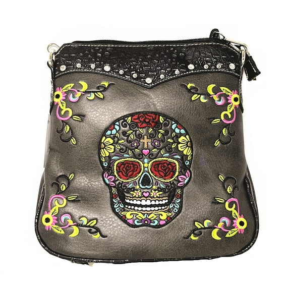 Western Sugar Skull Embroidered Rhinestone Cross Women's Crossbody Bag