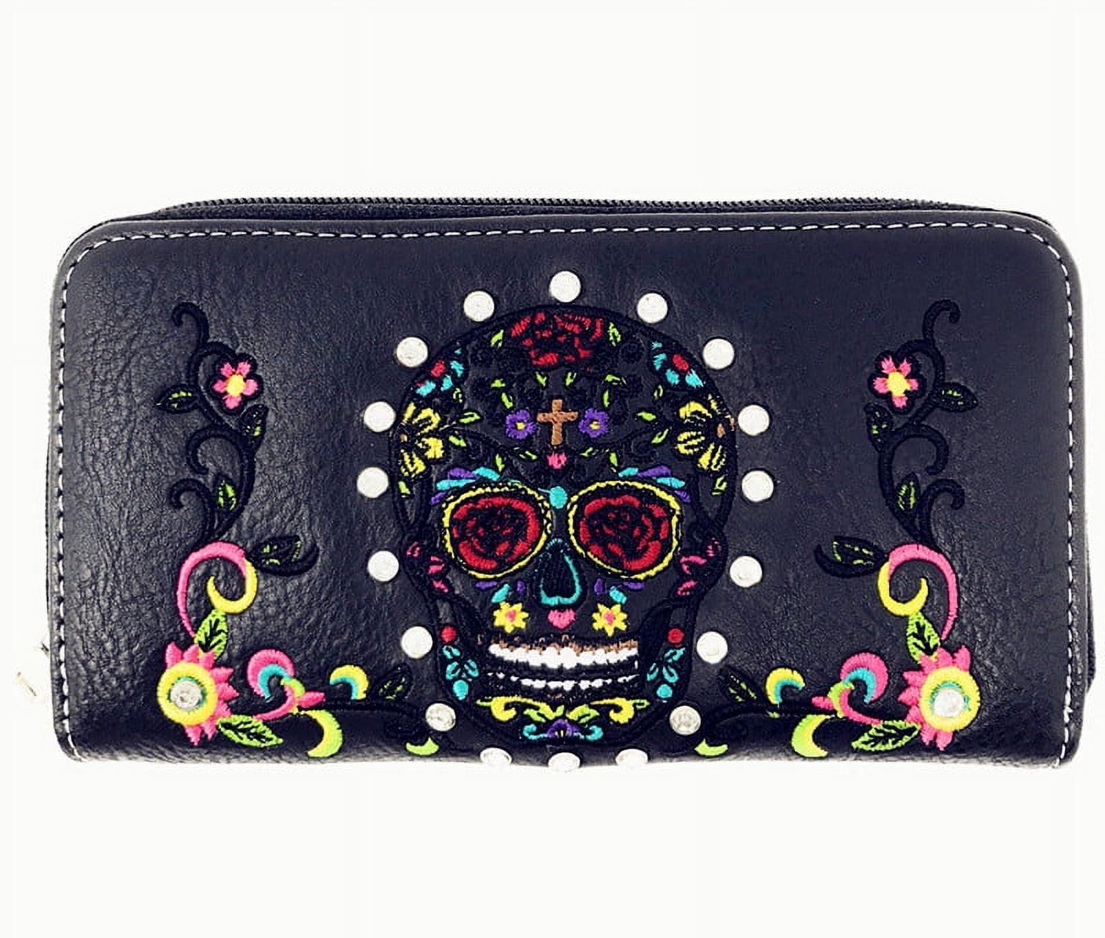Western Sugar Skull Womens Embroidery Flora Cross Double Zipper Wallet ...