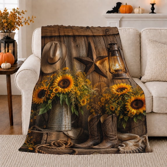 Western Sunflower Rustic Farmhouse, Cozy Botanical Garden Scene, Warm Flannel Blanket for Ranch House and Living Room, Animal Lovers Birthday Gift, Rustic Home Decor