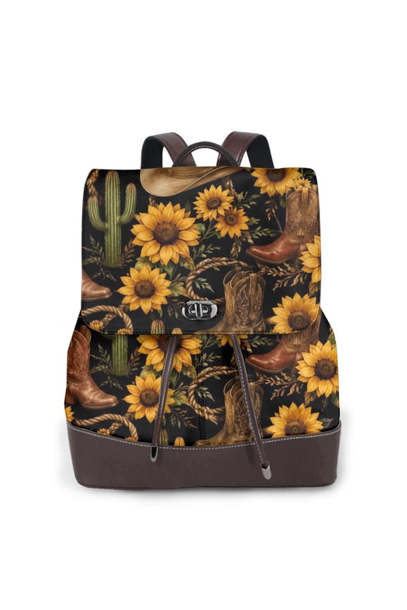 Western Sunflower Women's Leather Backpack All-Over Print Bag for Work and Travel