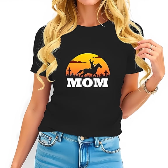 Western Sunset Graphic Tee for Moms - Black Cotton Short Sleeve T-Shirt with Design