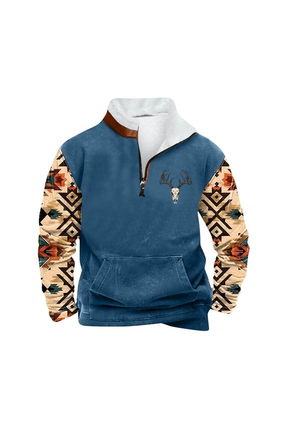 Western Sweatshirts Mens Quarter Zipper Aztec Ethnic Pullover Shirt Casual Long Sleeve Novlety Print Jackets with Pockets