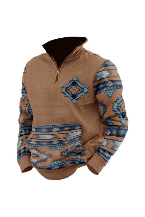 Western Sweatshirts for Men Aztec Ethnic Oversized Long Sleeve Pullover Fleece Hoodies Casual Stand Collar Sweatshirt