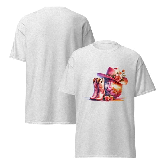 Western T-Shirt, Line Dancing, Disco ball, Cowgirl Boots, Cowgirl Hat Tee, Country Style (Ash, M)