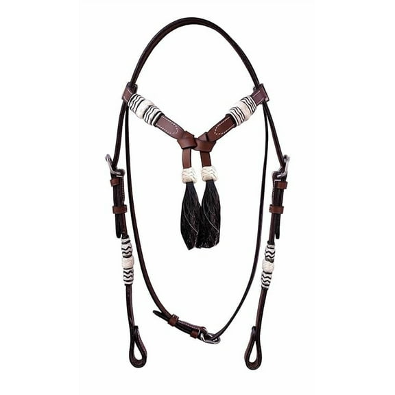 Western Tan Leather Headstall Hand Braided Rawhide Knotting Futurity Knot Hair Tassels Bridle - Black (Full)