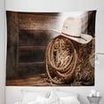 thumbnail image 1 of Western Tapestry, American West Rodeo Hat Traditional Ranching Robe on Wooden Ground Folk Art Photo, Fabric Wall Hanging Decor for Bedroom Living Room Dorm, 5 Sizes, Brown Beige, by Ambesonne, 1 of 1