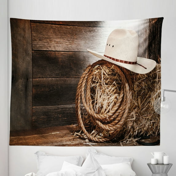 Western Tapestry, American West Rodeo Hat Traditional Ranching Robe on Wooden Ground Folk Art Photo, Fabric Wall Hanging Decor for Bedroom Living Room Dorm, 5 Sizes, Brown Beige, by Ambesonne