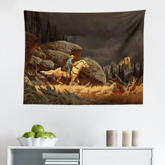 Western Tapestry, Illustration Old Wild West Elements Shoes and Image of Cowboy Print, Fabric Wall Hanging Decor for Bedroom Living Room Dorm, 2 Sizes, Yellow Orange, by Ambesonne