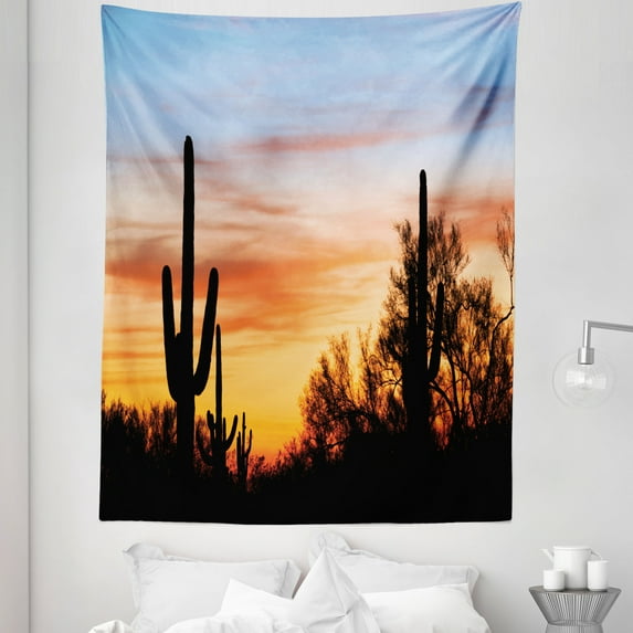 Western Tapestry, Sunny Desert Cactus Silhouettes Picture Wild West Nature Sunset Photography, Fabric Wall Hanging Decor for Bedroom Living Room Dorm, 5 Sizes, Orange and Black, by Ambesonne