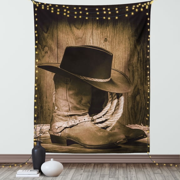 Western Tapestry, Wild West Themed Cowboy Hat and Old Ranching Rope On Wooden Display Rodeo Cowboy Style, Wall Hanging for Bedroom Living Room Dorm Decor, 60W X 80L Inches, Brown, by Ambesonne