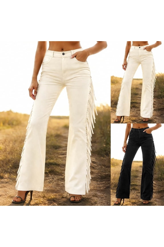 Western Tassel Flare Leg Pants Womens Fringe Trim Skinny Bell Bottom High Waist Flowy Casual Trousers Vintage Bodycon Pants White L