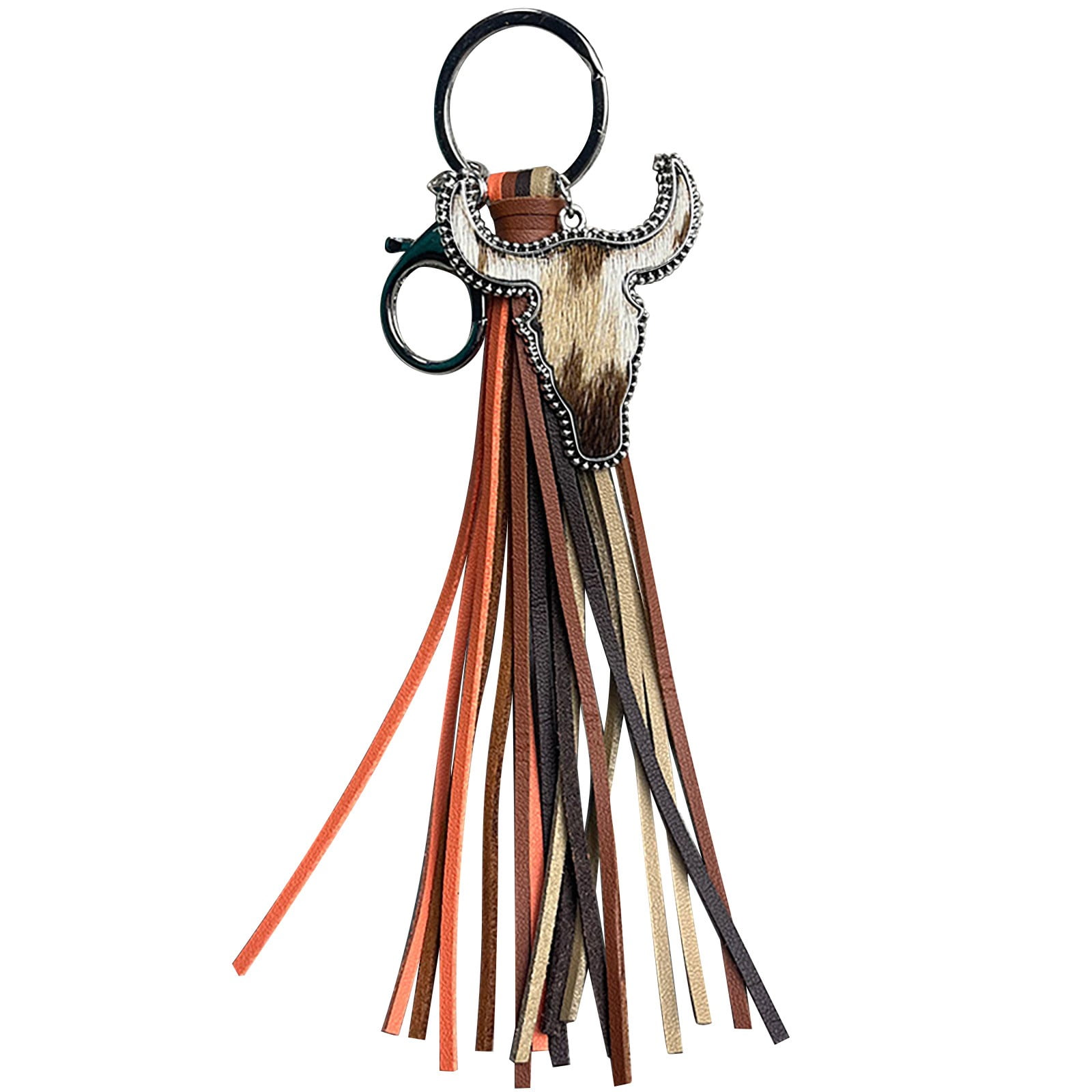 Western Leather Cow Head Keychain Tassel Style Animal Print Key Ring ...