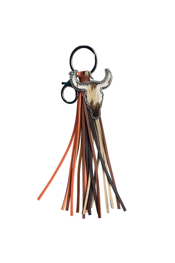 Western Leather Cow Head Keychain Tassel Style Animal Print Key Ring Handmade Unique for Cowboy Ranch Lovers
