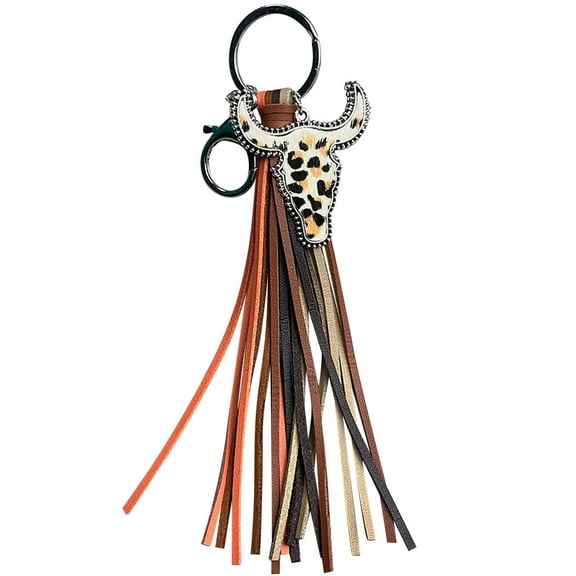 Western Tassel Style Leather Cow Head Animal Print Keychain