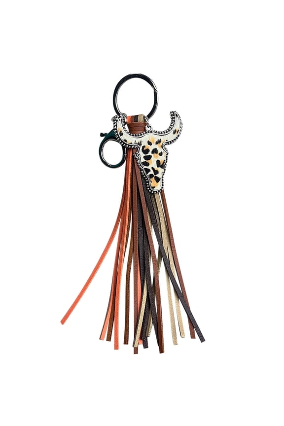 Western Tassel Style Leather Cow Head Animal Print Keychain