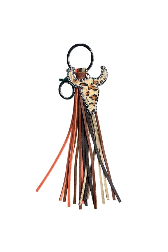 Western Leather Cow Head Keychain Tassel Style Animal Print Key Ring for Men Women Unique Idea