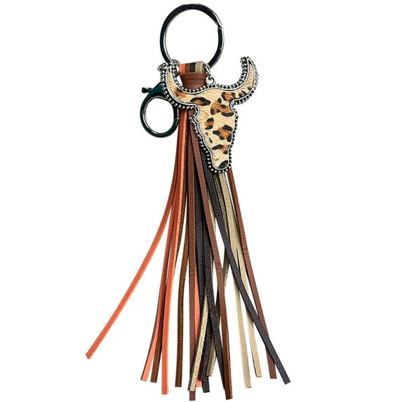 Western Tassel Style Leather Cow Head Animal Print Keychain