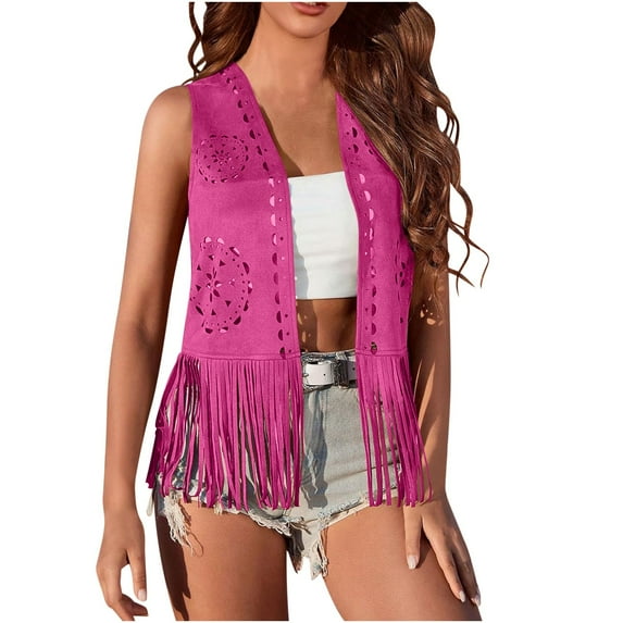 Western Tassels Hippie Vest for Women Vintage Sleeveless Open Front Cardigan Jacket Hot Pink L