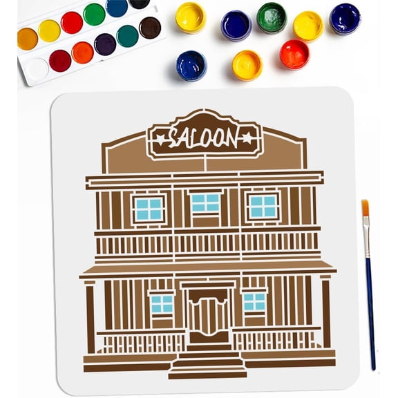 Western Tavern House Stencil 11.811.8inch Western House Stencils Vintage Pub House Saloon Sign Drawing Template with Paint Brush for DIY Art Crafts Canvas Furniture Wall Wood