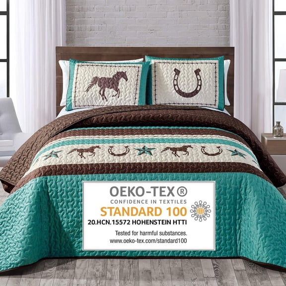 Western Teal/Beige/Brown Horseshoe, , Barb Wire Print Queen Size Bedspread 3 Piece Southwestern Cabin Design Coverlet Quilt Set- JENA (Queen)