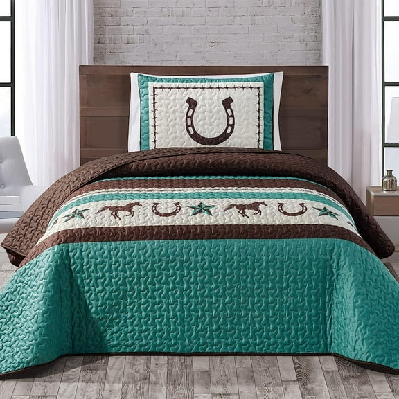 Western Teal/Beige/Brown Horseshoe, Horse, Barb Wire Print Bedspread 2 Piece Southwestern Cabin Lodge Design Coverlet Quilt Set- JENA ()