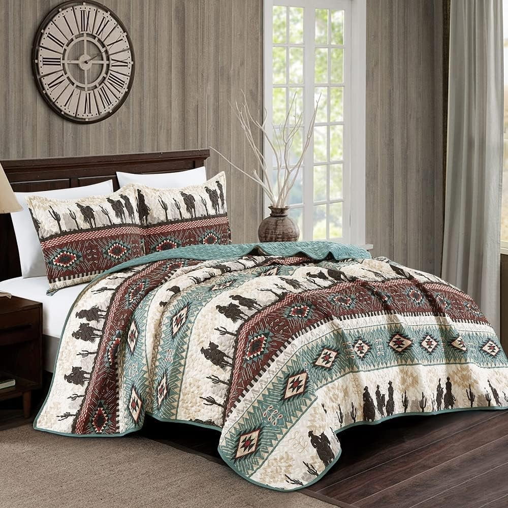 Western TealBeigeBurgundy Desert Southwestern Print Bedspread 3 Piece