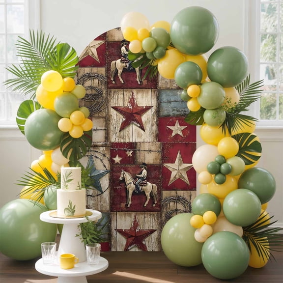 Western Texas Arch Backdrop Cover, 7.2FT, Star Cowboy Wood Grain Distressed Patchwork Spandex Arch Covers Double-Sided Backdrop for Wedding Birthday Party Photo Background Decoration