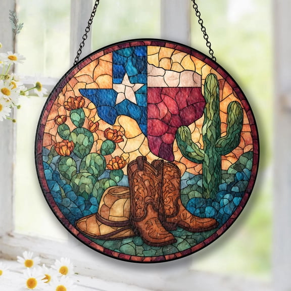 Western Texas Boot Stained Glass Suncatcher, Cowboy Cactus Window Hanging, Southwestern Home Decor, State Pride Gift