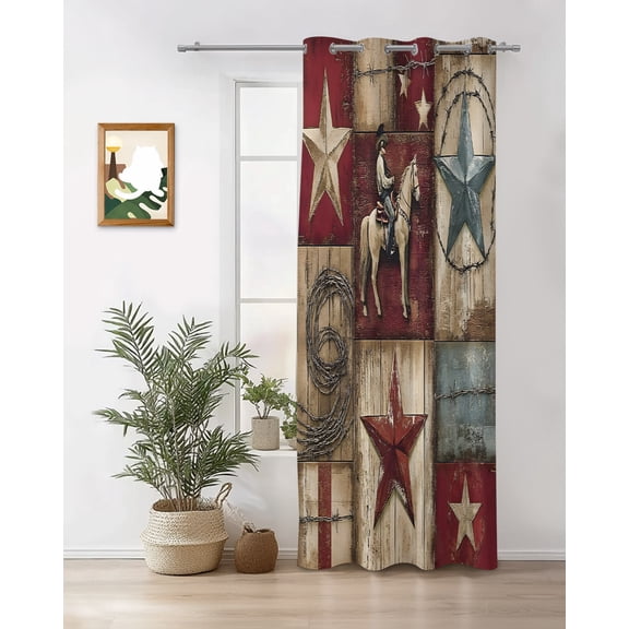 Western Texas Curtains 90 inches Long for Living Room Bedroom Star Cowboy Wood Grain Distressed Patchwork Sliding Door Sheer Curtains Light Filtering Curtain 1 Panel Grommet Window Drape
