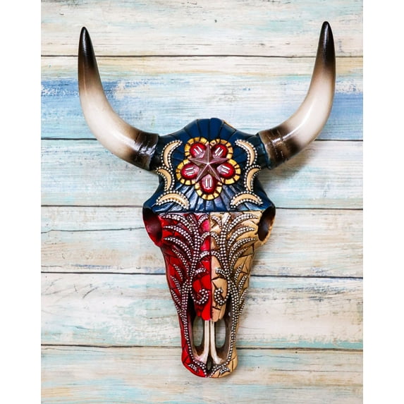 Western Texas Flag Colors Floral Tribal Tattoo Bison Cow Skull Wall Decor Plaque