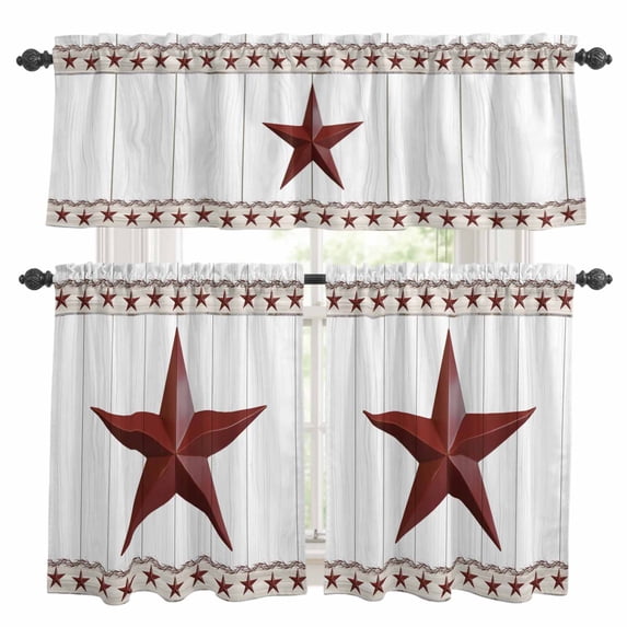 Western Texas Kitchen Curtains Valances and Tiers Set of 3 Vintage Red Star Farmhouse Red Stars Wood Grain Tier Curtains and Valance with Rod Pocket for Small Windows, 27.5"x24"