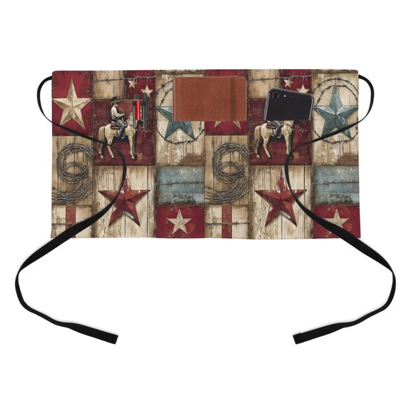 Western Texas Kitchen Restaurant Half Waist Apron, Star Cowboy Wood Grain Distressed Patchwork Server Short Apron with 3 Pockets Waterproof Oil Waist Aprons for Women Waitress Waiter