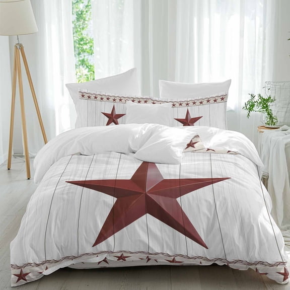 Western Texas Queen Size Comforter Set, Vintage Red Star Farmhouse Red Stars Wood Grain Bedding for All Seasons, 4 Pcs Bed Set, 1Quiltcover (90"x92") ,1Sheet(94"x116"), 2Pillowcases (30"x20")