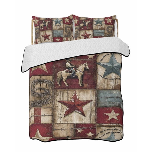 Western Texas Quilts Bedding Set King Size Star Cowboy Wood Grain Distressed Patchwork Lightweight Quilted Bedspread 3 Piece Bed Quilt with 2 Pillow Shams All Season for Bedroom 90" x 96"