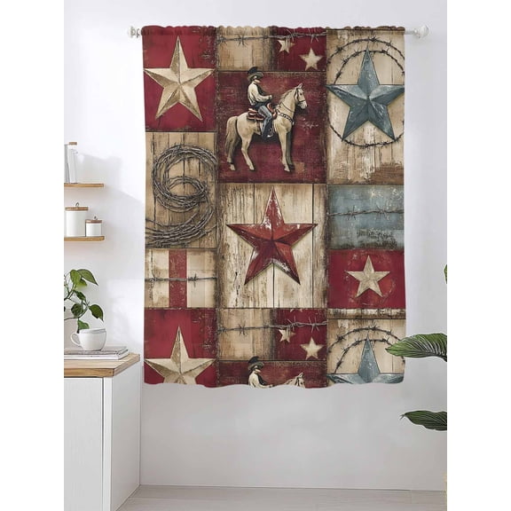 Western Texas Sheer Curtains 63 Inch Long 1 Panel Star Cowboy Wood Grain Distressed Patchwork Light Filtering Curtain Drapes Rod Pocket Voile Window Curtain for for Living Room Bedroom 52" x 63"