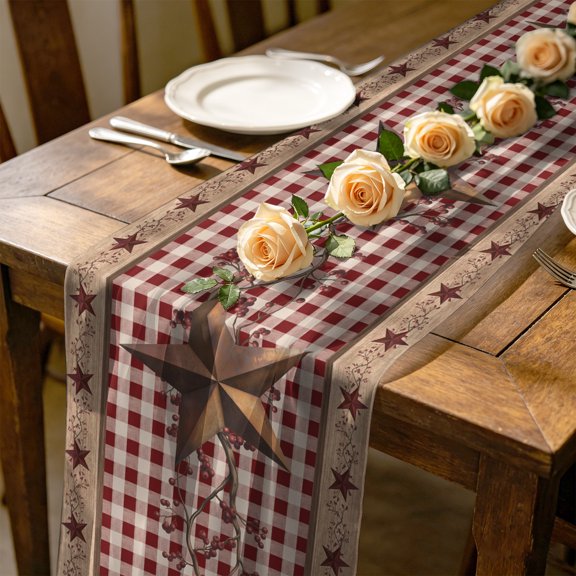 Western Texas Star 10 ft Cheesecloth Table Runner for Wedding 27"x120", Vintage Rust Red Star Berry Red Plaid Wood Grain Kitchen Dinner Sheer Tulle Chiffon Dresser Scarf, Holiday Party Decorations