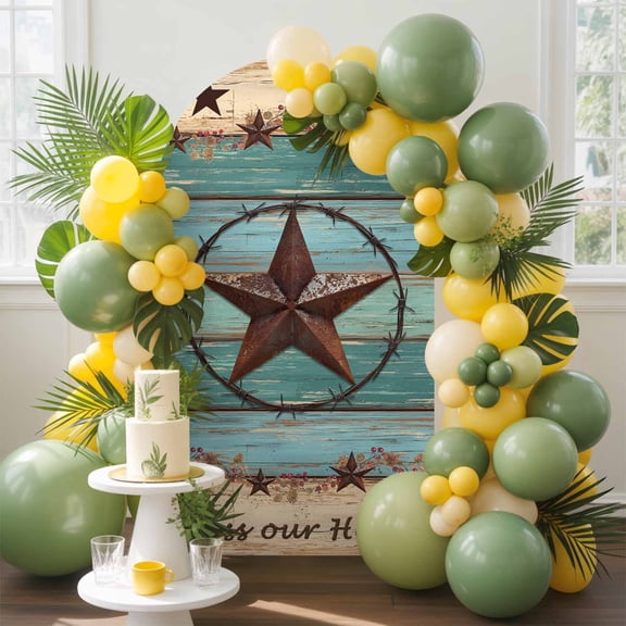 Western Texas Star Arch Backdrop Cover, 4FT, Retro Turquoise Wooden Rustic Farmhouse Spandex Arch Covers Double-Sided Backdrop for Wedding Birthday Party Photo Background Decoration