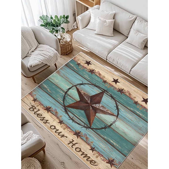 Western Texas Star Area Rug for Bedroom 2.7x5 Ft Retro Turquoise Wooden Rustic Farmhouse Super Soft fuzzy Throw Rug Non-Slip Fluffy Plush Indoor Floor Carpet for Living Room Nursery Home Decor