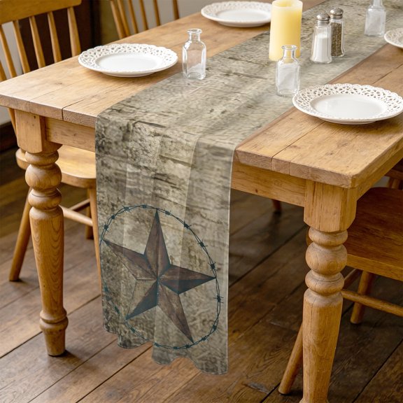 Western Texas Star Barn 10ft Cheesecloth Table Runner for Wedding 27"x120", Rustic Retro Wood Grain Kitchen Dinner Sheer Tulle Chiffon Dresser Scarf, Holiday Party Decorations