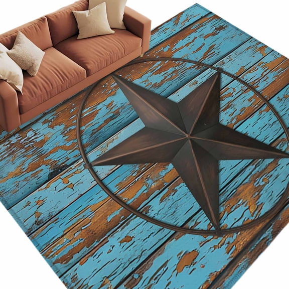 Western Texas Star Barn Area Rug 5x8ft Rustic Teal Wood Grain Non-Slip Washable Square Rugs Soft Felt Indoor Floor Mat for Bedroom Kitchen Living Room Bathroom