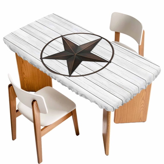 Western Texas Star Barn Fitted Rectangle Tablecloth 24" x 50" Rustic Wood Grain Elastic Table Cloth Fits for 4 Foot Folding Tables Waterproof Table Cover for Picnic Camping Outdoor