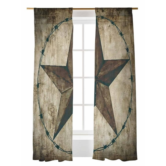 Western Texas Star Barn Sheer Curtains 108 Inch Long 2 Panels, Rustic Retro Wood Grain Light Filtering Rod Pocket Semi Sheer Curtains, Sheer Voile Drapes for Living Room Bedroom, 52"x108"