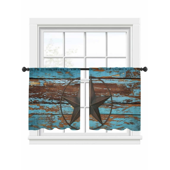 Western Texas Star Barn Sheer Curtains 54 inches Long, Rustic Teal Wood Grain Light Filtering Sheer Window Curtains Rod Pocket Voile Drapes for Bedroom Living Room, 2 Panels 52"W x 54"L