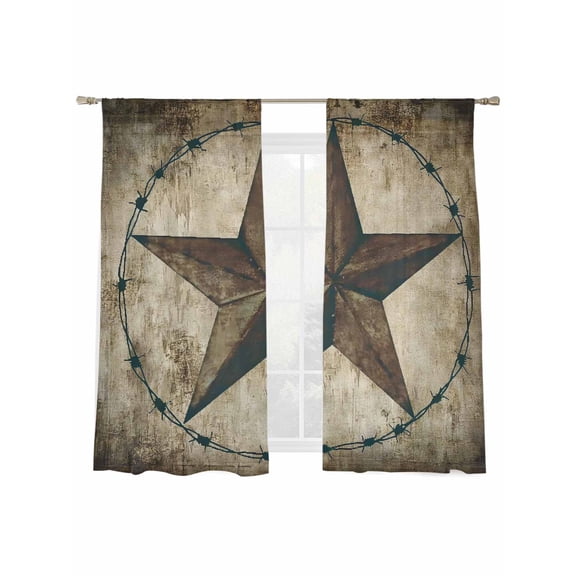 Western Texas Star Barn Sheer Curtains for Living Room Bedroom, Rustic Retro Wood Grain Light Filtering Sheer Curtains, Rod Pocket Voile Window Drapes, 2 Panels Set 52"x 63"