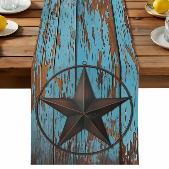 Western Texas Star Barn Table Runner, Rustic Teal Wood Grain Cotton Linen Table Cloth, Tablerunner for Kitchen Dining Party Wedding Home Decor 13x36 Inch