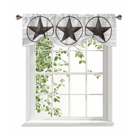 Western Texas Star Barn Tie Up Valances Curtain, Adjustable Kitchen Rustic Wood Grain Valances for Windows Decor, Rod Pocket Short Curtains Set for Bedroom/Bathroom, 54"x18"